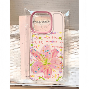 英文百合花花适用苹果13手机壳16Pro卡通vivox200透明红米note14防摔小米15一加套华为mate70荣耀x60硅胶OPPO