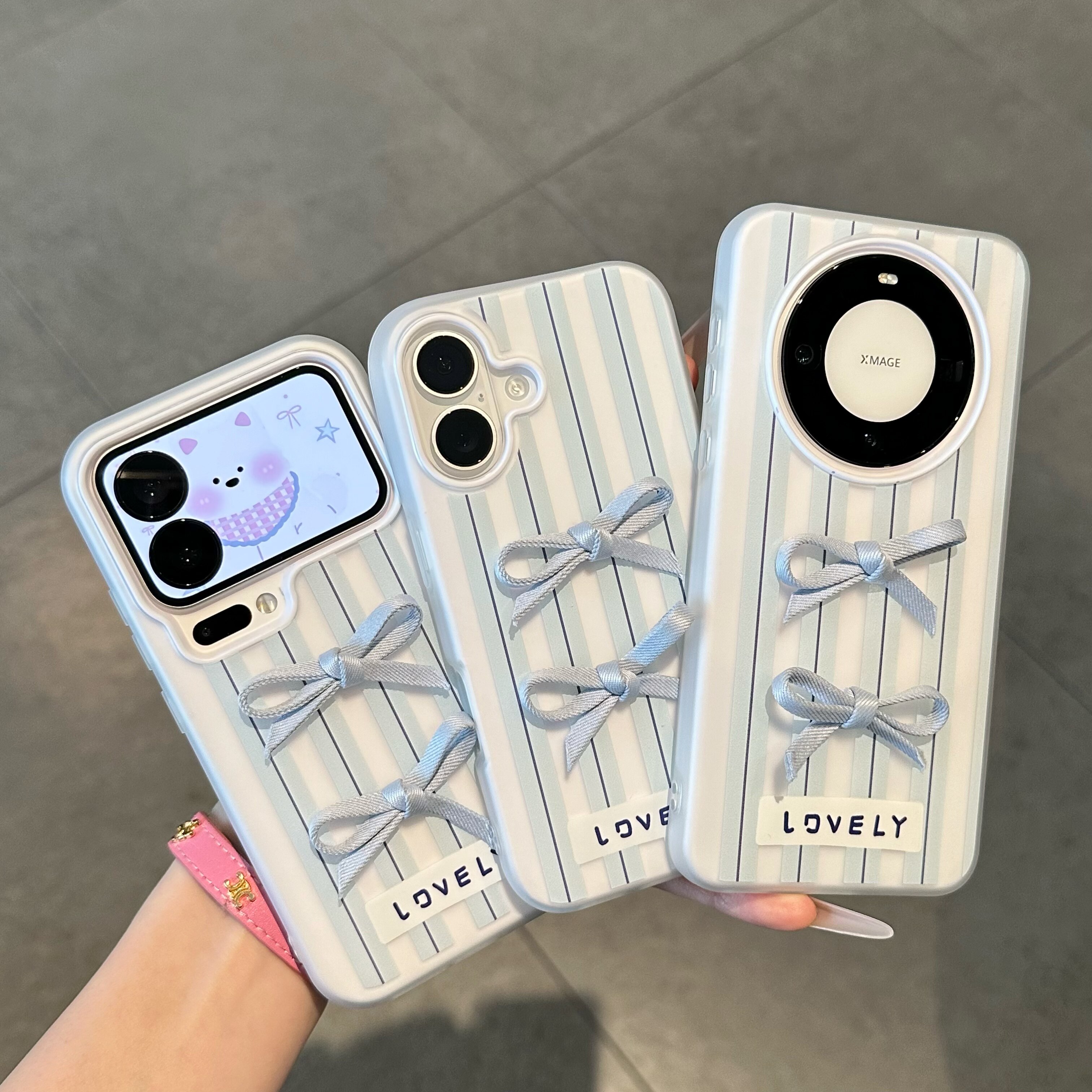 蓝条纹蝴蝶结适用iPhone17promax立体贴片手机壳16华为Pura80新款肤感果冻壳荣耀400防摔vivox300小米17pro软