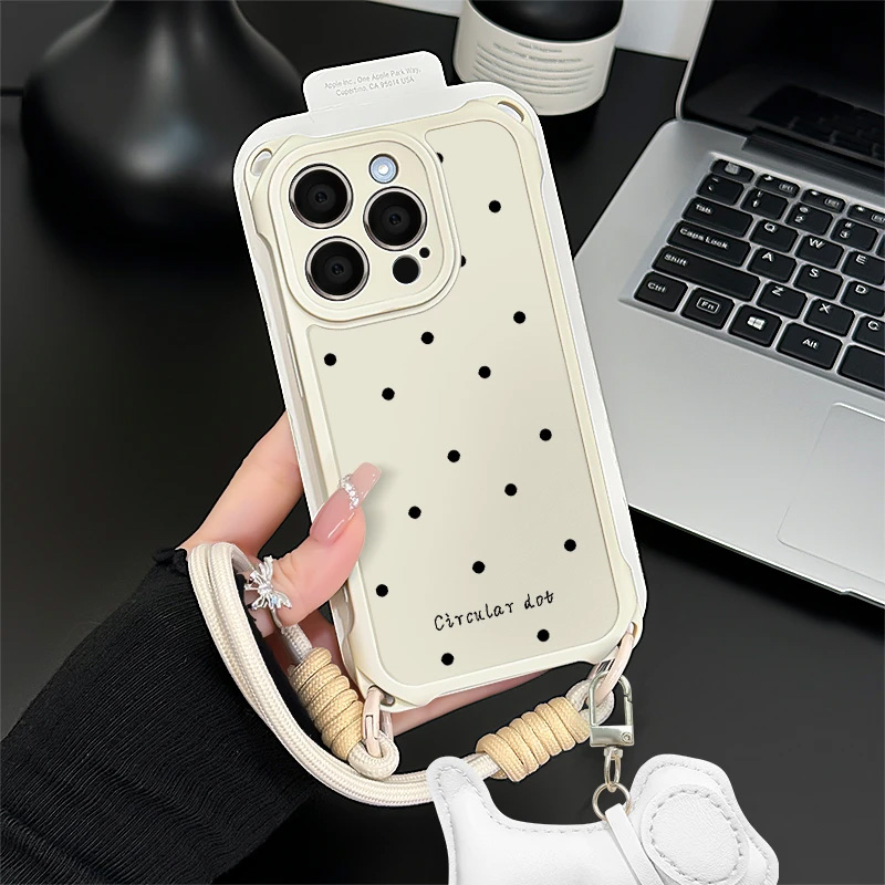 四角挂绳波点字母适用于苹果16promax手机壳iPhone小米15/14promax防摔手提绳华为p70荣耀300vivox200oppo软
