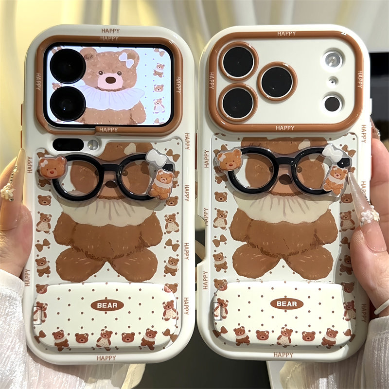 黑框眼镜小熊适用苹果17promax镜面支架手机壳iphone16新款奶油壳白色华为mate70荣耀vivox300防摔小米17pro