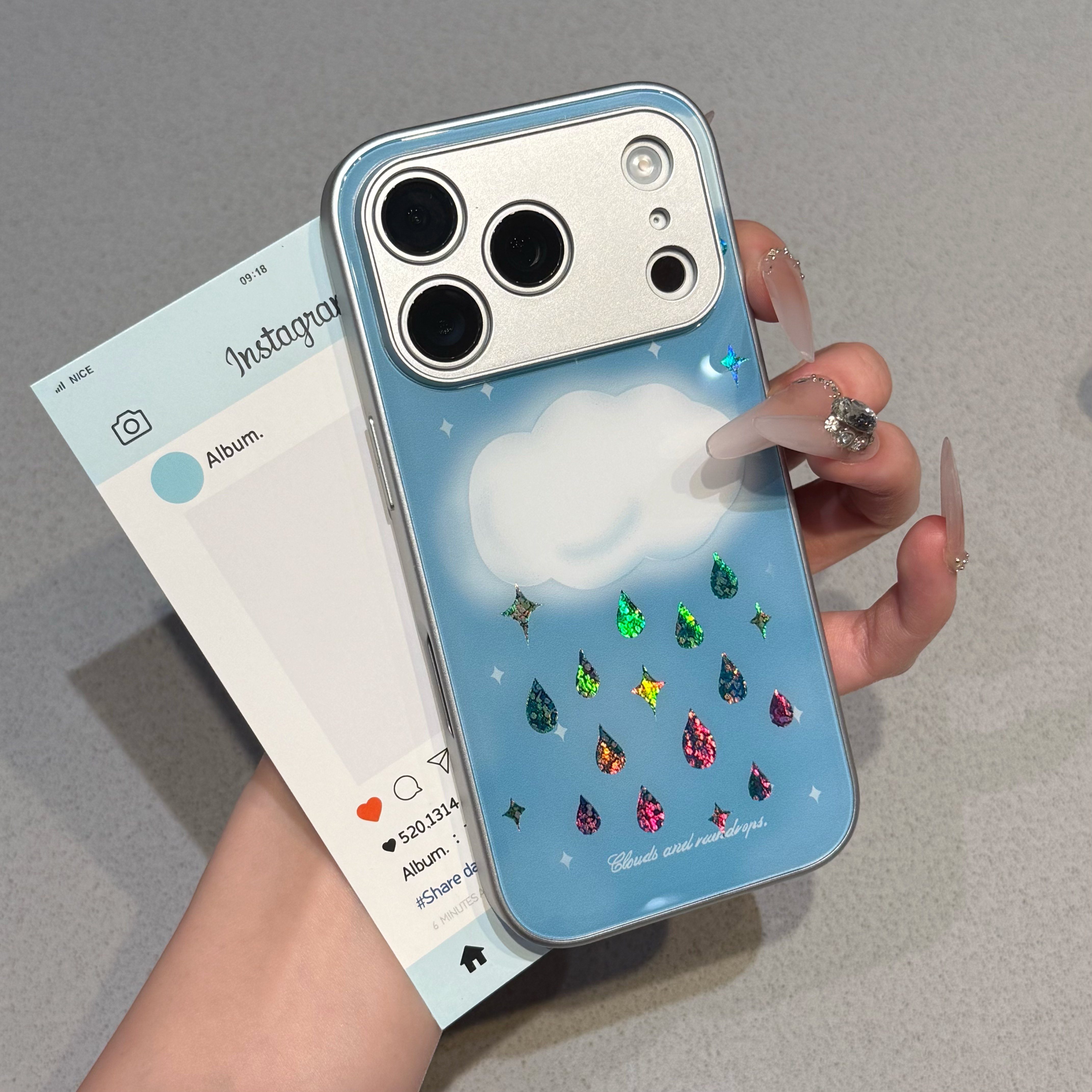 云朵雨滴镭射适用苹果17promax手机壳新款碳纤维肤感银iPhone16pro华为mate70保护套小米17pro防摔vivox300软