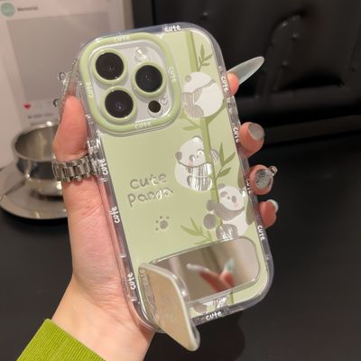 熊猫镜子支架适用iphone16promax苹果手机壳15羽纱14可爱防摔13女华为mate70荣耀vivoppo小米红k70防摔补妆镜