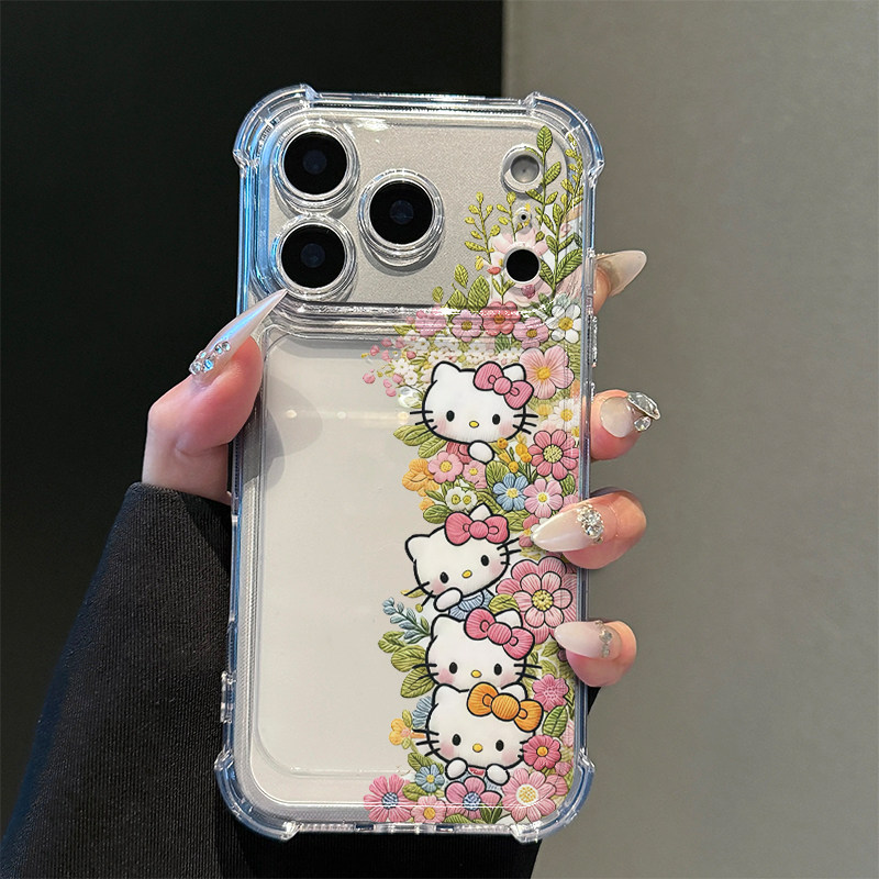 可爱花丛猫咪适用iPhone17promax苹果16pro手机壳华为Mate70新款透明气囊壳vivox300荣耀400防摔小米17Pro软