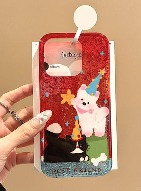 buling闪粉壳西高地小黑猫高帽适用苹果16promax手机壳iPhone15新款16保护套7/7plus网红超火女款14全包防摔