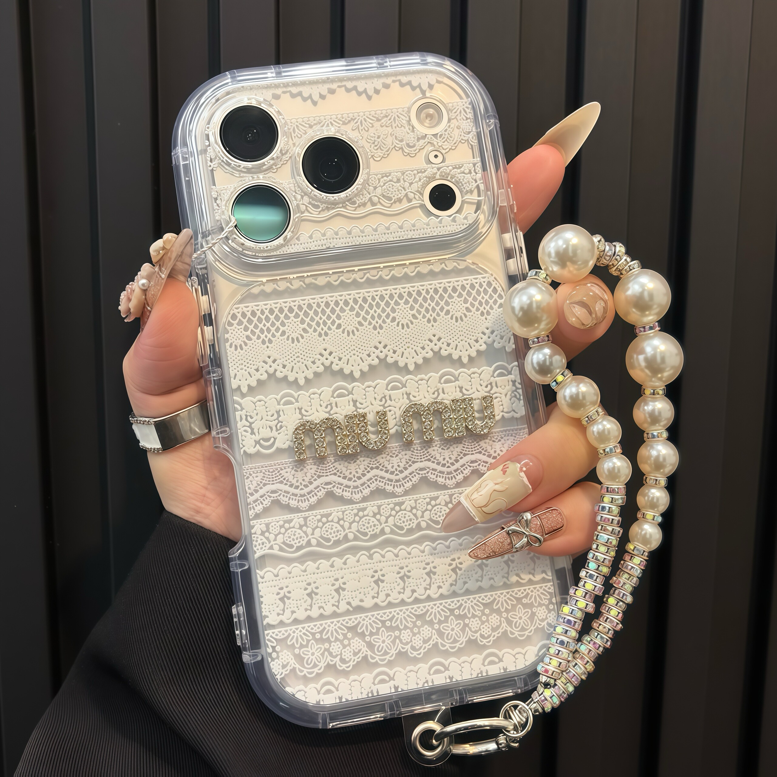 韩系月光蕾丝纹适用iPhoneDuo苹果18promax珍珠手链手机壳17Pro新款彩虹壳vivoX300华为Mate80防摔小米17Pro