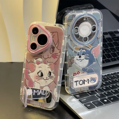 捧花汤姆猫泡芙羽纱镜面支架适用iPhone16promax苹果14手机壳华为mate70新款玛丽猫荣耀vivo小米15OPPO全包套