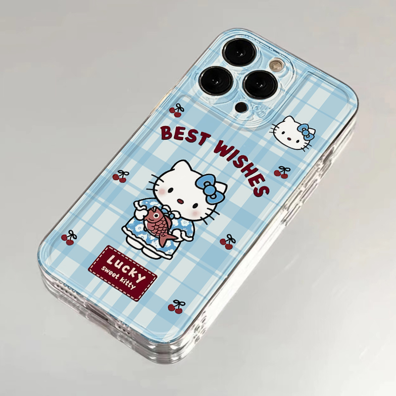蓝格纹摸鱼Kitty适用苹果13手机壳16Pro卡通vivox200透明红米note14防摔小米15华为mate70荣耀x60硅胶OPPO软