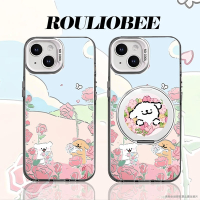 郁金香两只小狗适用苹果15promax手机壳16pro华为mate60新款pura70元气壳OPPOReno12/vivos19x100支架小米14