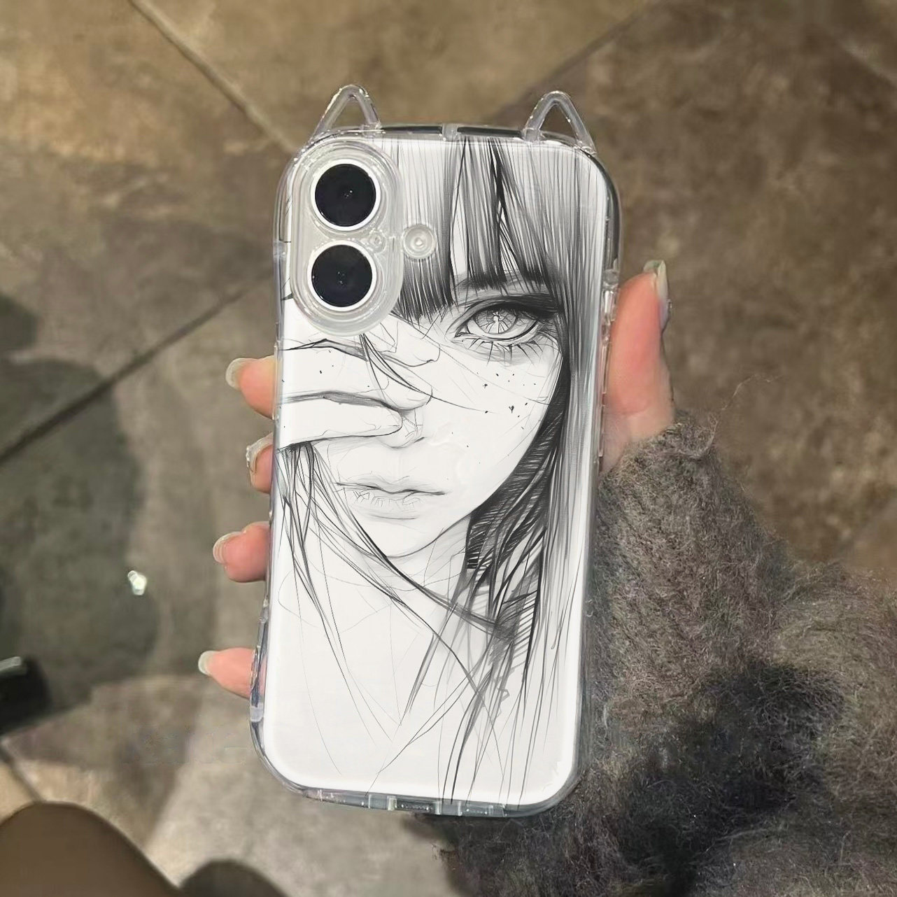素描齐刘海少女适用苹果16promax手机壳iPhone15新款16pro保护套7/7plus超火x/xr男女款14全包防摔15promax软