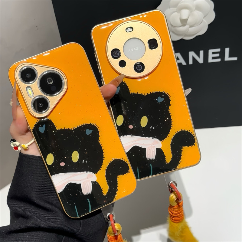 粉丝巾黑猫适用苹果16/17promax挂绳手机壳iphone16pro可爱卡通13/14沙漠金12新款金属漆水凝壳防摔套15plus
