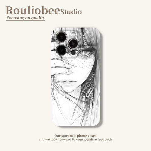 素描齐刘海少女适用苹果15promax手机壳16pro华为mate60新款pura70菲林壳OPPOReno12/vivos19x100超火小米套