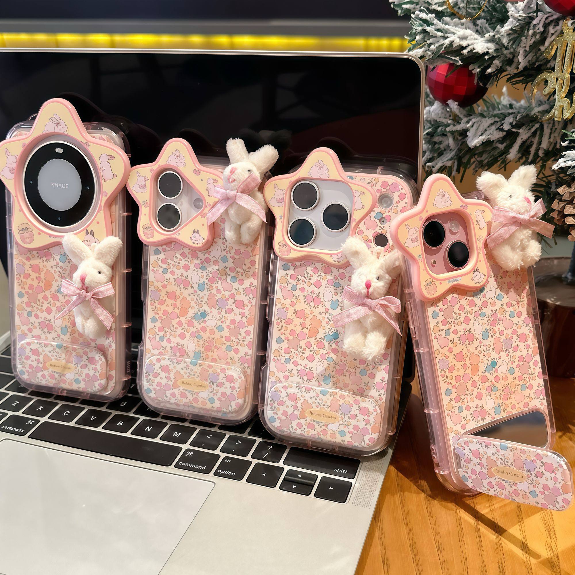 蝴蝶结碎花兔兔适用苹果17promax镜面支架手机壳iPhone