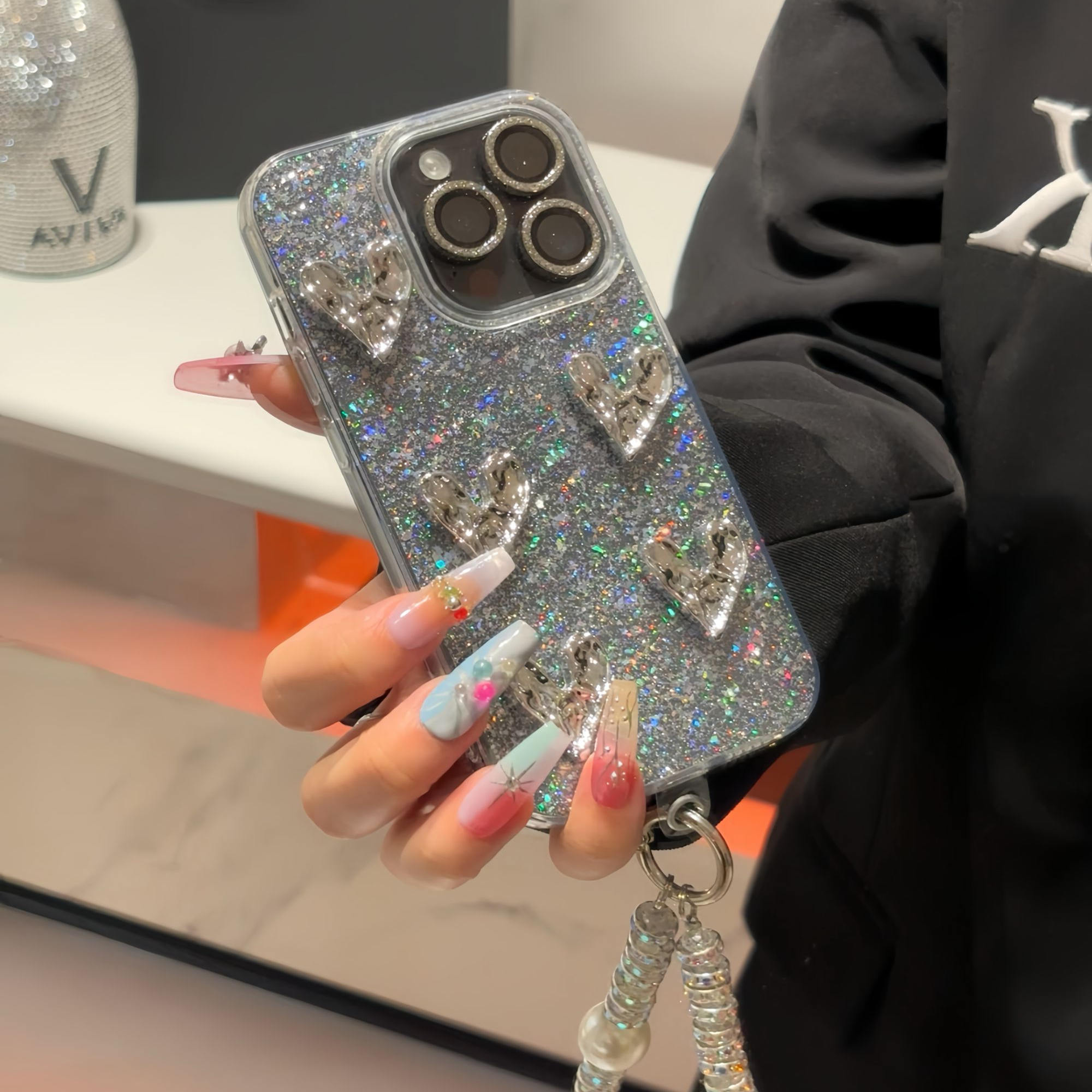 闪粉壳电镀立体爱心适用苹果15promax手机壳iphone13闪钻珍珠手链11新款12小众xs时尚14pro保护套16pro防摔女