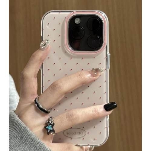 小清新粉波点适用苹果16promax手机壳iphone17新款15pro华为mate70荣耀vivox200小米15OPPO全包双层防摔软套
