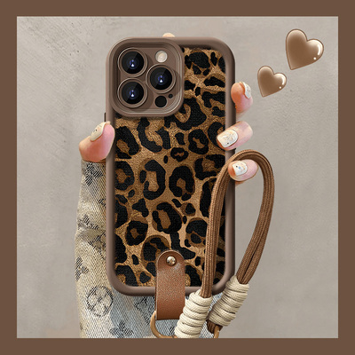 咖色豹纹挂绳适用苹果15promax手机壳华为mate60pro新款pura70腕带OPPOReno12挂绳vivos19x100女iQOOz9小米14
