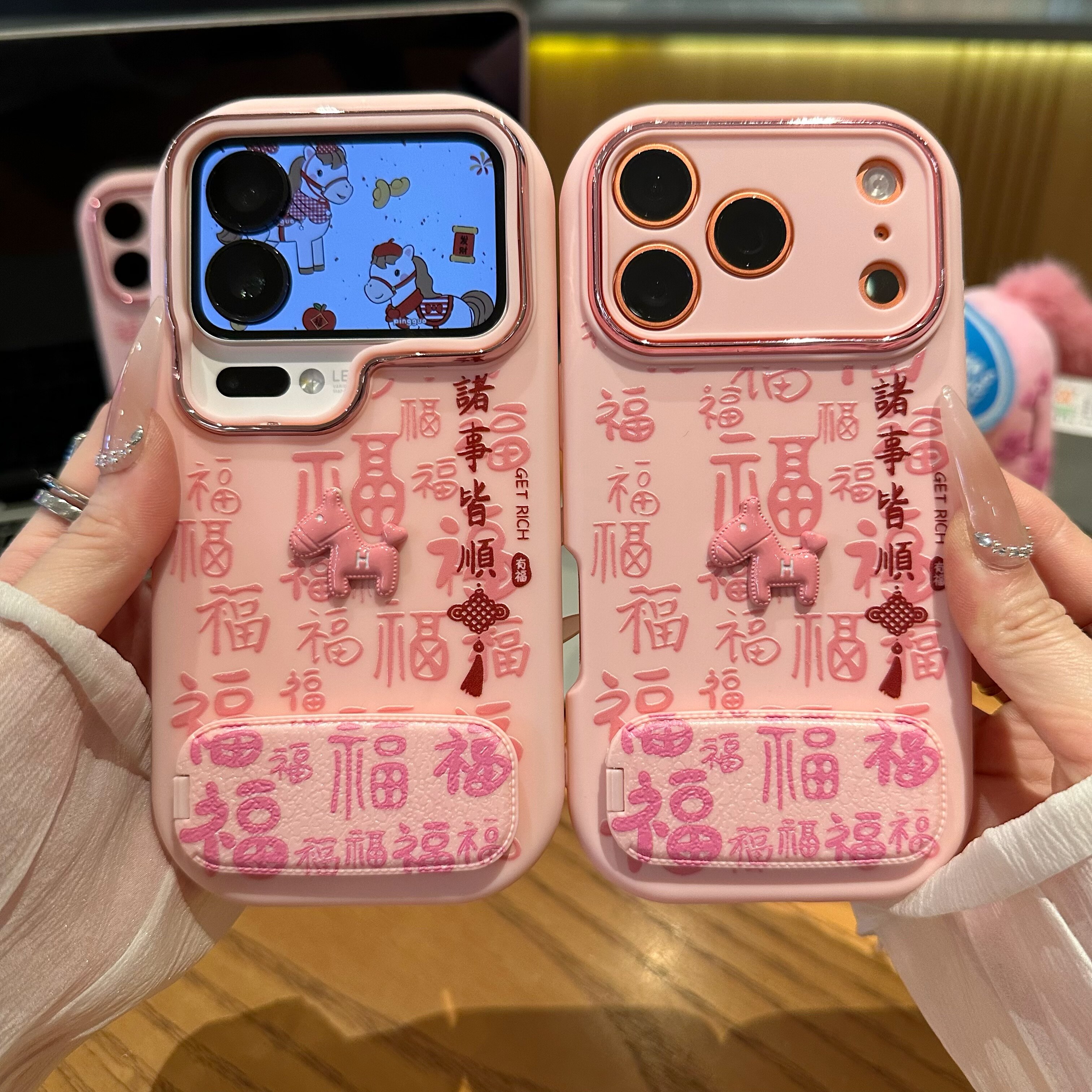 百福诸事皆顺适用苹果17promax镜面支架手机壳16华为mate70新款金属小胖妹Reno14立体小马vivox300小米17pro