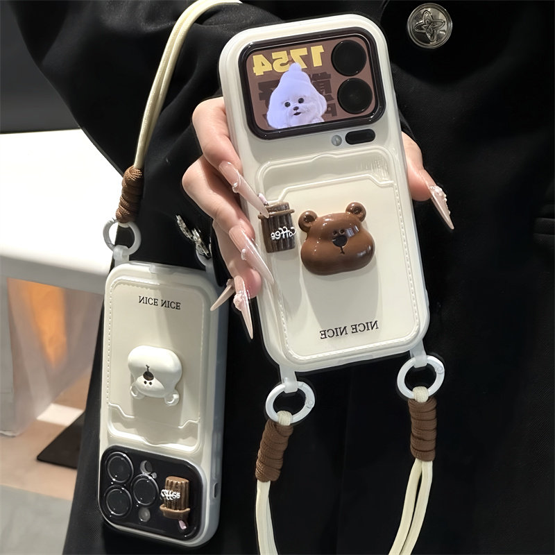 可爱立体咖啡熊适用iPhone17promax大视窗卡包挂绳壳16pro防摔华为Pura80新款荣耀400防摔vivox300小米17pro