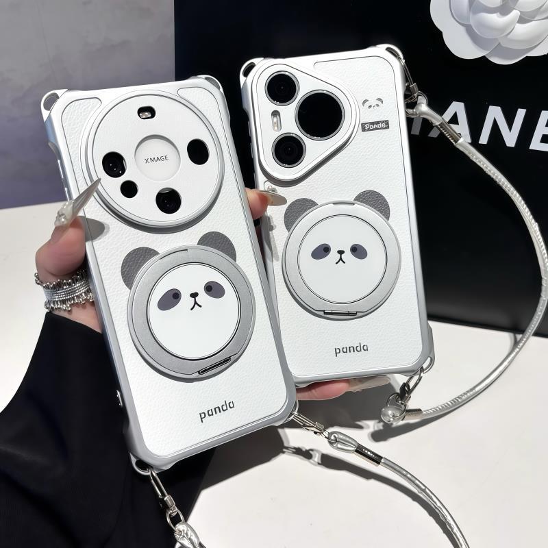 Panda熊猫表情适用苹果17proma旋转支架手机壳16Pro华为Pura90新款金属漆挂绳壳vivox300男女款小米17pro防摔