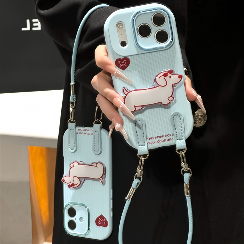 竖条腊肠狗适用苹果17promax挂绳手机壳16pro华为mate70新款立体支架OPPOReno14防摔金属小胖妹vivos30小米15