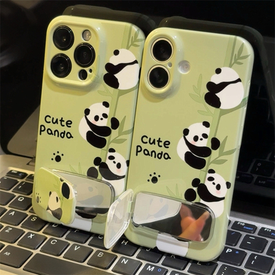 中国风绿竹熊猫镜面支架适用iPhone16promax苹果15手机壳潮牌个性华为mate70网红超火vivo菲林硬壳小米OPPO女