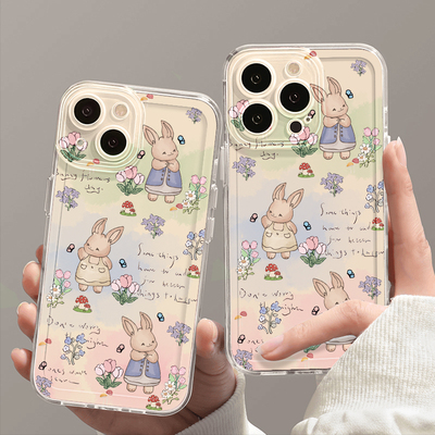 鲜花法式兔子适用苹果15手机壳16Pro卡通vivox100透明红米note13防摔小米14一加套华为pura70荣耀200硅胶OPPO
