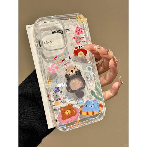 彩色涂鸦水獭适用苹果13手机壳16Pro卡通vivox200透明红米note14防摔小米15一加套华为mate70荣耀x60硅胶OPPO