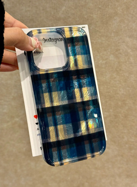 冰裂蓝色格纹锡纸适用苹果15手机壳16Pro卡通vivox100折纸壳红米note13防摔小米14华为pura70荣耀200女OPPO套