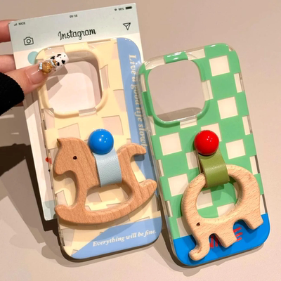 ins格纹木马大象指环扣适用iphone16pro手机壳苹果16新款15创意14pro超火华为荣耀vivo小米防摔保护套OPPO女
