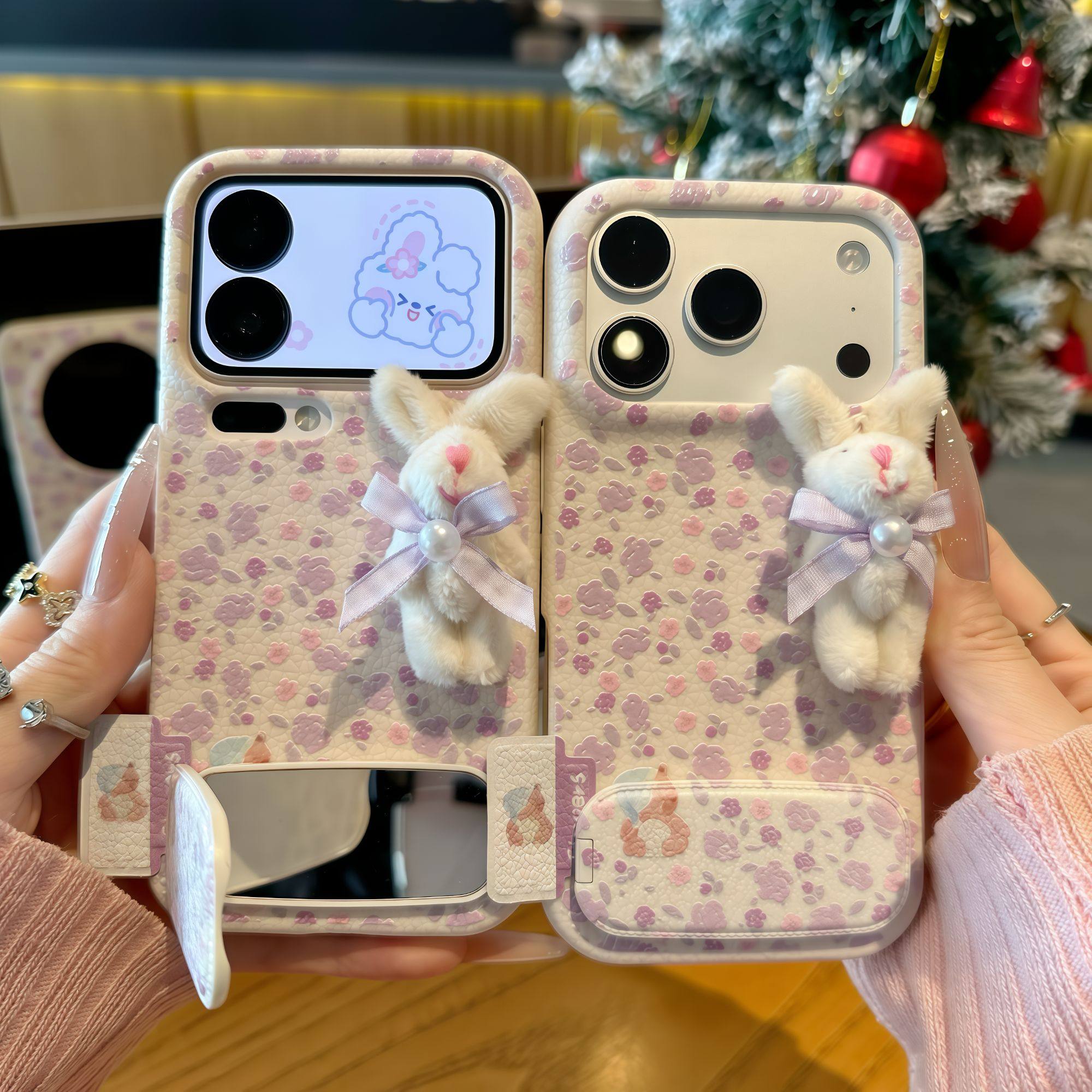 珍珠兔子公仔适用iPhone17promax苹果16pro手机壳华为Pura70新款镜面支架400皮纹tpu软vivox200小米17Promax
