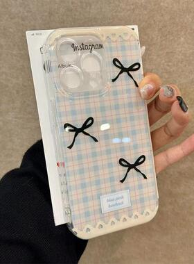 蝴蝶结格子适用苹果15手机壳16Pro卡通vivox100透明红米note13防摔小米14一加套华为pura70荣耀200硅胶OPPO软