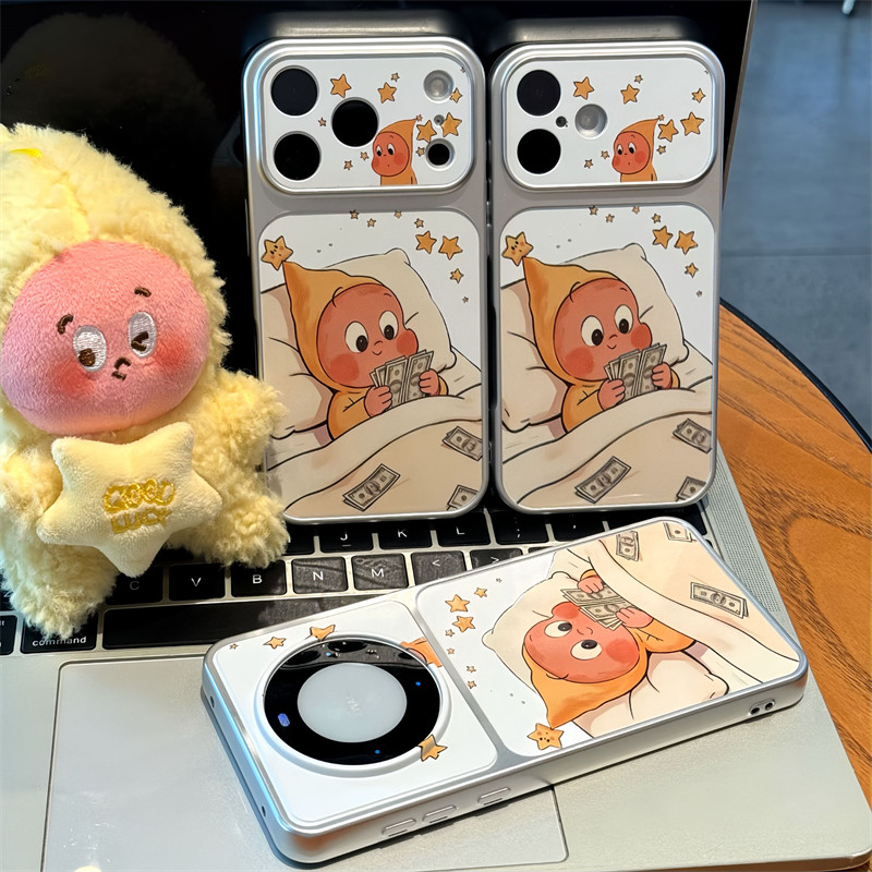 可爱数钱星人适用苹果17promax手机壳iPhone16Pro华为Mate80/70新款电镀秒变壳vivox300防摔小米17pro手机套