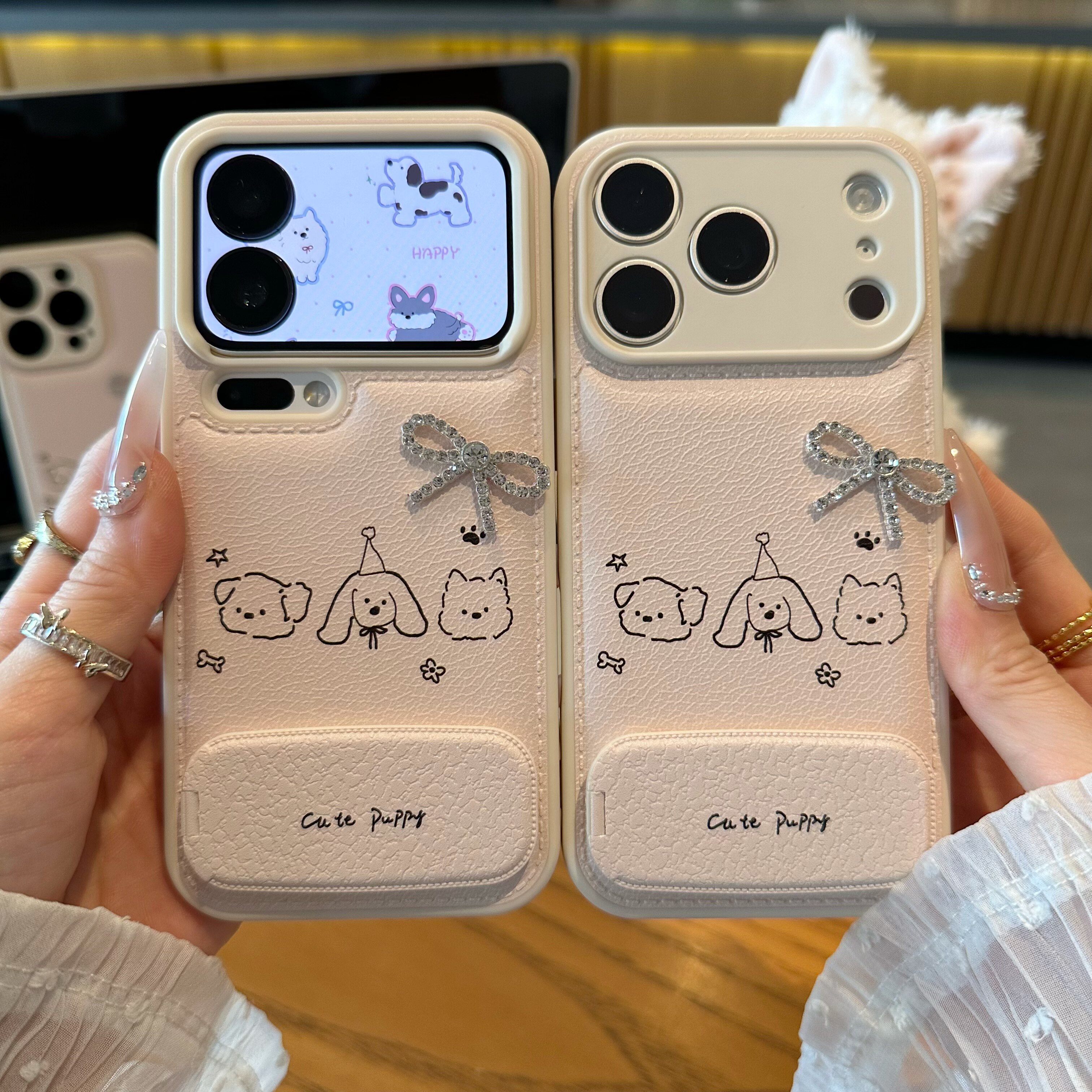 蝴蝶结小狗适用苹果17promax镜面支架手机壳16华为mate70新款糖果气垫OPPOReno15立体贴件vivos50小米17pro软