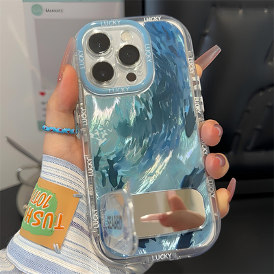 蓝色深海鱼群镜子支架新款适用苹果16pro手机壳iPhone15max华为mate70k80p70小米14荣耀200vivox100reno13s17