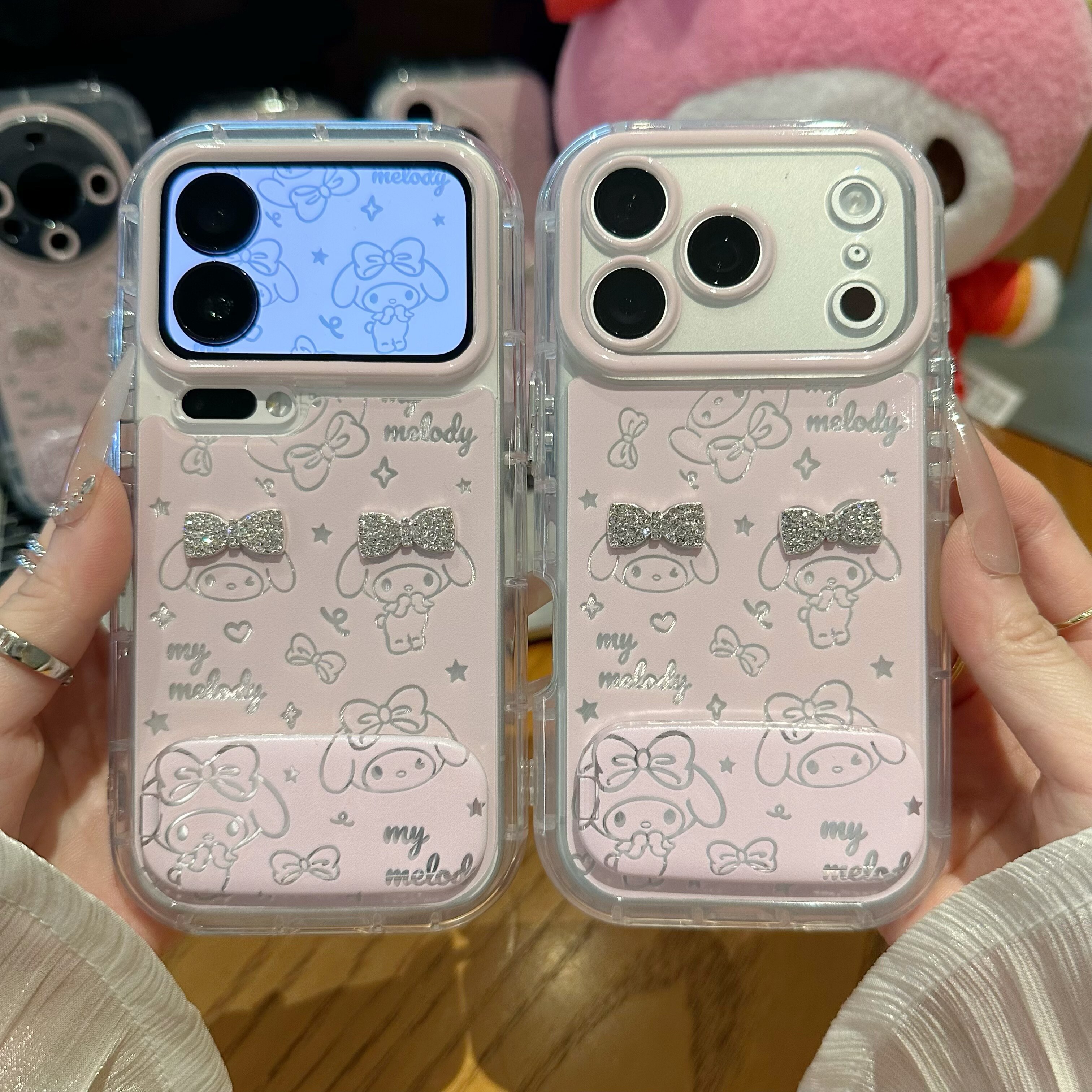 可爱线条粉美乐蒂适用iPhone17promax镜面支架手机壳16pro防摔华为Pura80新款泡芙羽纱vivox300防摔小米17pro