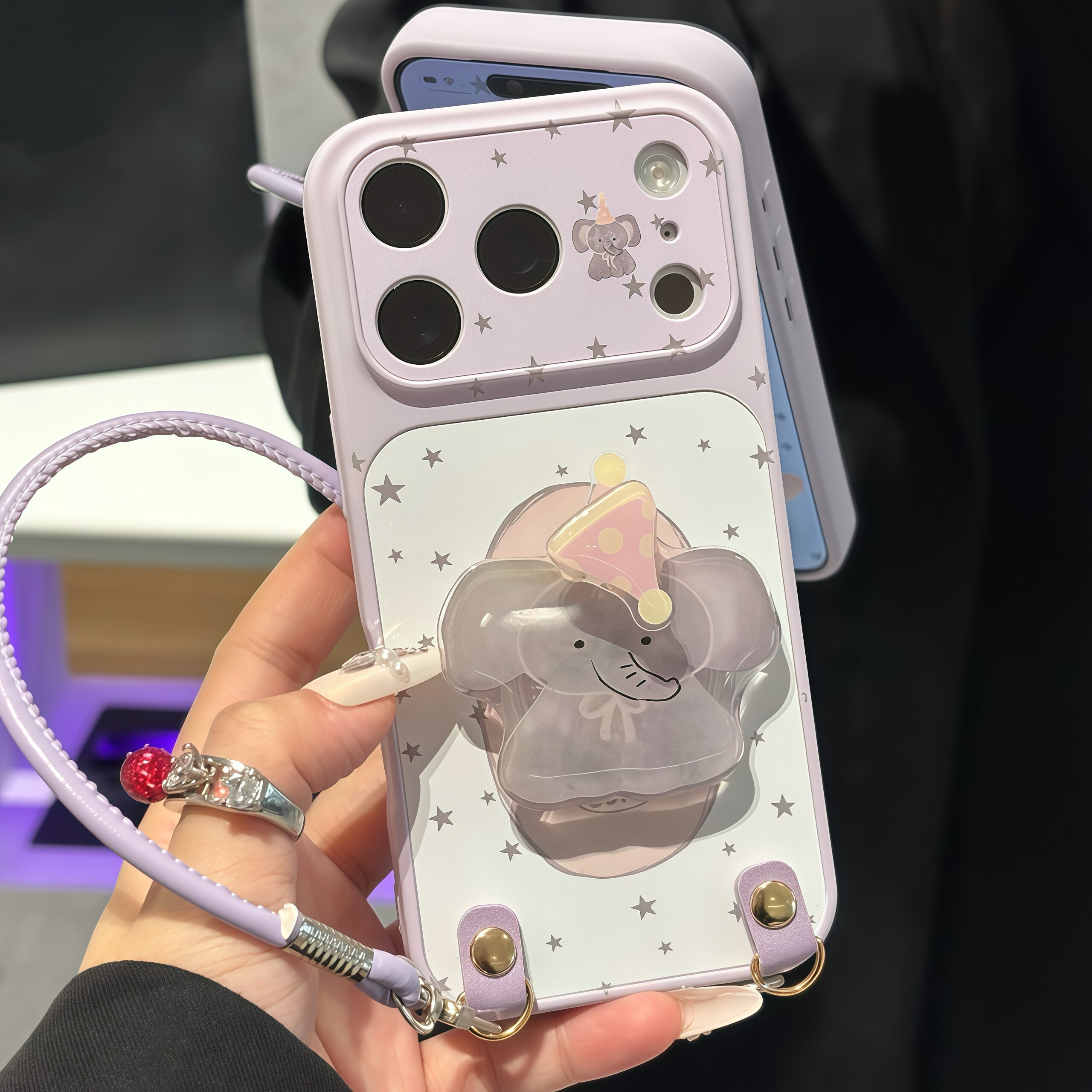 星星呆萌小象适用苹果17promax旋转支架手机壳iPhone16pro新款防摔康宁壳小米17pro纯色Reno15情侣vivoX300软