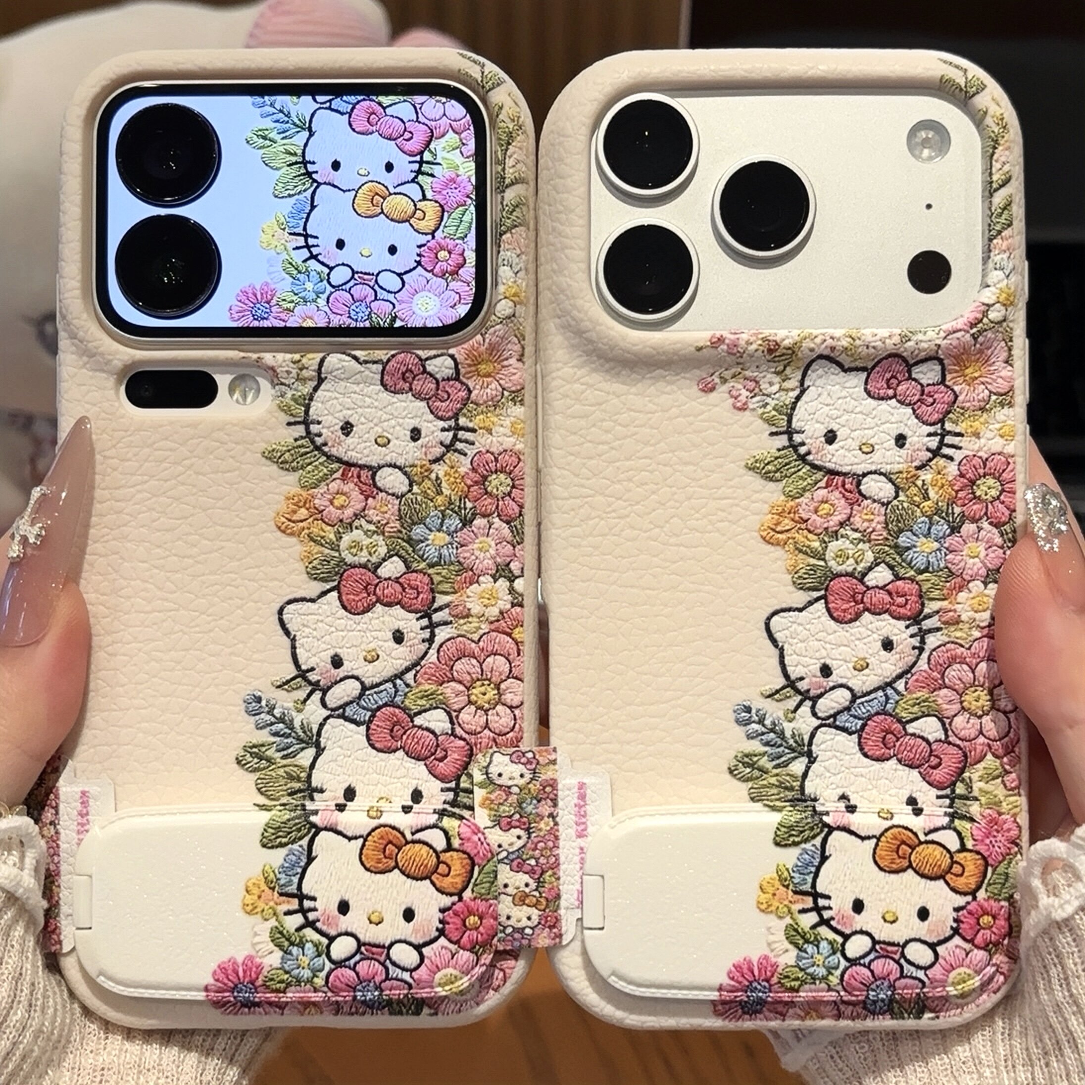 可爱鲜花猫咪适用iPhoneDuo镜面支架手机壳18Promax/17Pro新款皮纹TPU华为mate80/vivox500/小米18Pro手机套