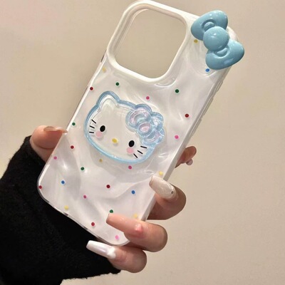 创意波点褶皱KT猫咪蝴蝶结适用苹果16promax手机壳16新款iphone15pro可爱14pm陨石纹13防摔15小众14女Pro全包