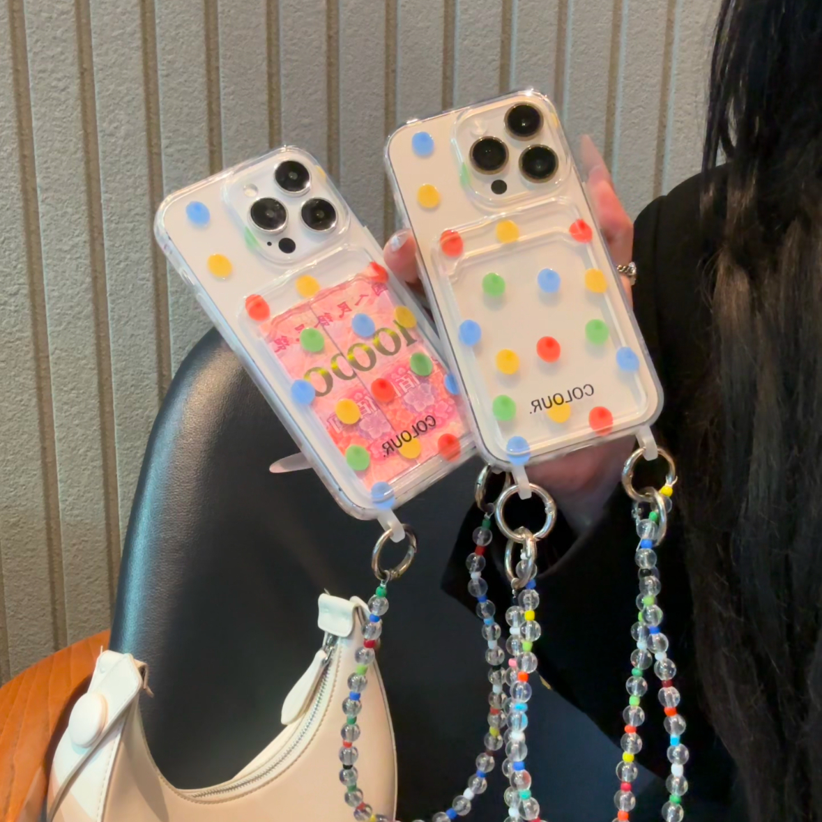 彩色波点华为mate60pro手机壳斜挎适用苹果15promax带挂绳珠链iphone14镜头全包13四角防摔小米14透软壳oppo