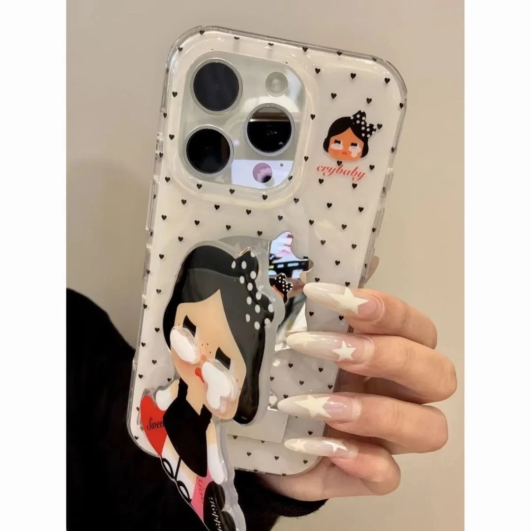 黑爱心哭娃适用苹果17promax镜子支架手机壳iphone16新款双层IMD壳华为mate70软Reno14防摔vivox200小米17pro
