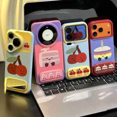 酒红彩虹蛋糕适用iPhone17promax苹果16手机壳华为Pura70新款镜面支架荣耀400皮纹tpuvivox200小米17Promax软