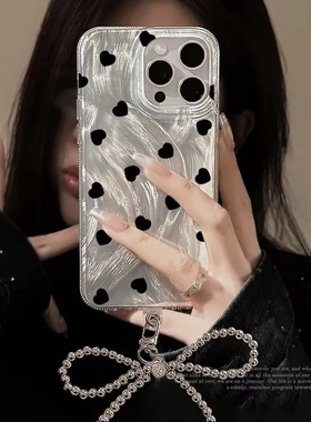 黑色爱心波点适用苹果15手机壳16蝴蝶结挂件vivox100羽纱imd红米note13防摔小米14华为pura70荣耀200硅胶OPPO