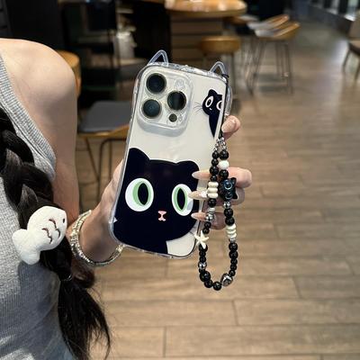 呆萌黑猫适用苹果15promax手机壳新款iphone14pro情侣款16plus高级感13/12全包7/8p防摔16pro全包黑喵挂绳14