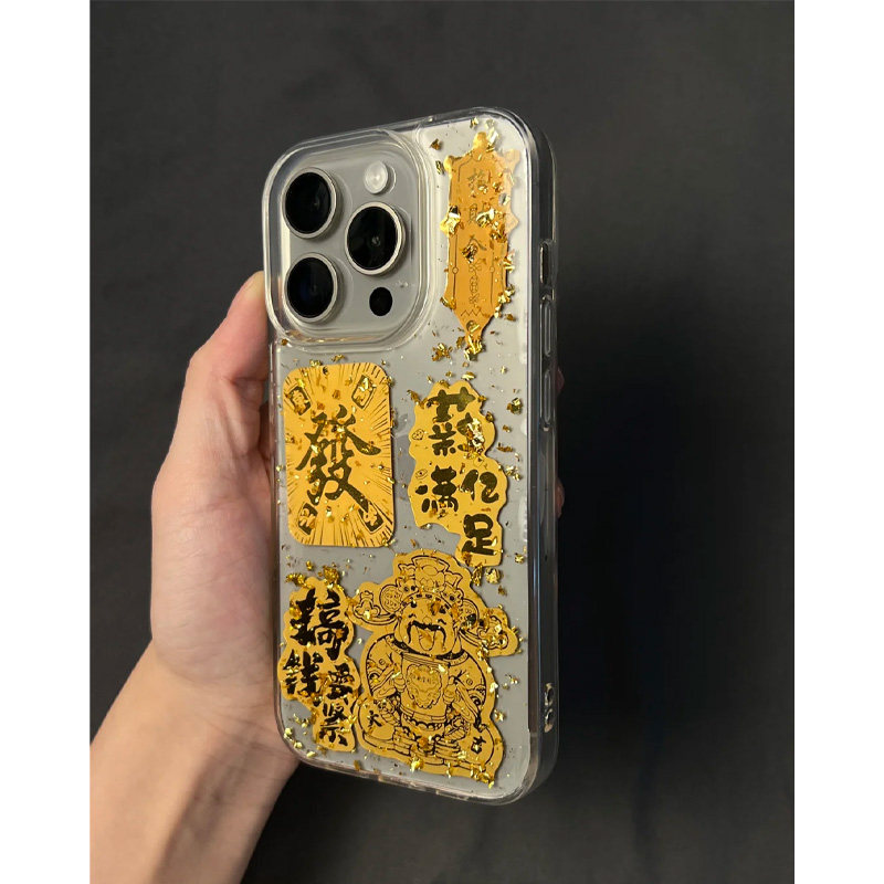 ins创意中国风滴胶金箔财神爷招财猫链条适用苹果16手机壳新款iPhone15promax全包14pro防摔13pro个性12pro潮
