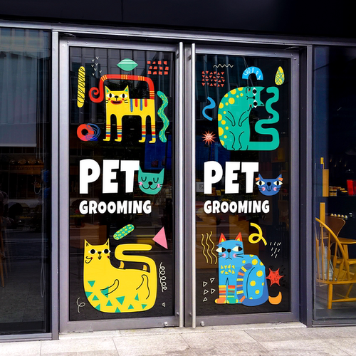 卡通抽象猫咪橱窗玻璃门装饰贴纸咖啡网红店餐厅氛围布置静电免胶