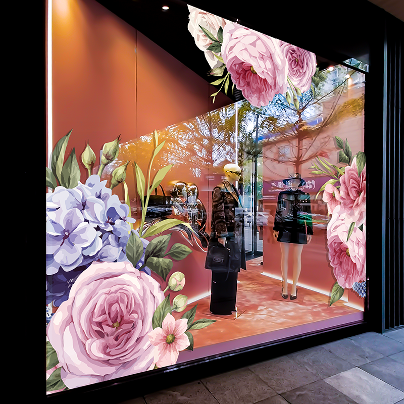 浪漫玫瑰月季花静电玻璃门贴纸女装珠宝店橱窗春天装饰布置高级感
