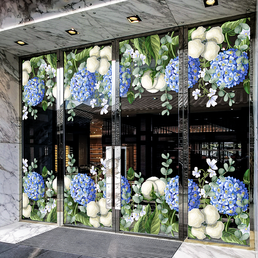 花卉绣球花玻璃门装饰贴纸商场服装店餐厅氛围感布置静电无胶贴画图片