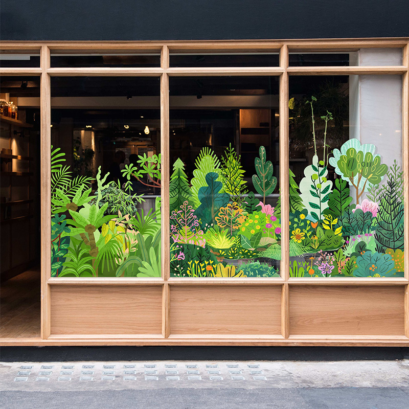 绿色夏日玻璃门装饰贴纸咖啡服装店橱窗氛围布置彩绘绿植静电贴画