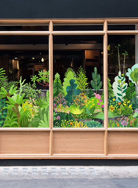 绿色夏日玻璃门装饰贴纸咖啡服装店橱窗氛围布置彩绘绿植静电贴画