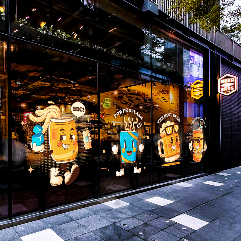 卡通啤酒玻璃门贴纸酒馆餐厅橱窗推拉门装饰静电贴画广告宣传海报图片