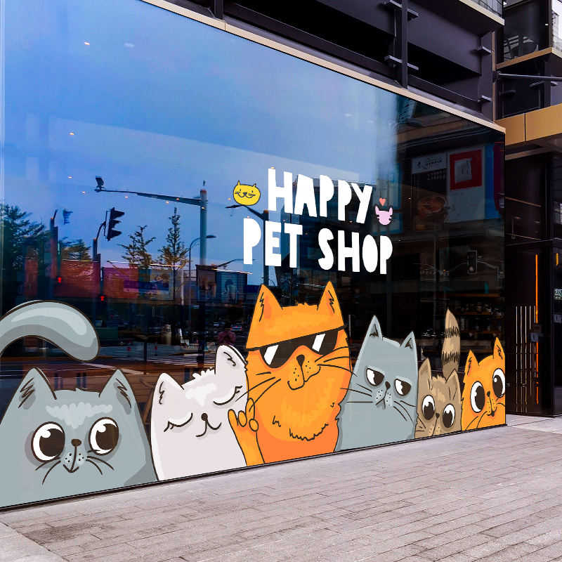 卡通可爱猫咪装饰玻璃门贴纸咖啡店餐厅橱窗氛围布置静电无胶贴画图片